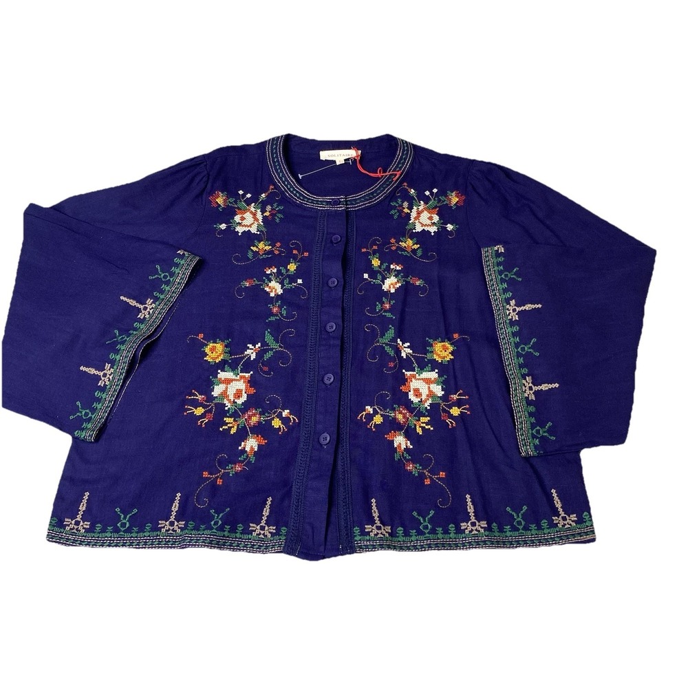 Solitaire Embroidered Floral Boho Blouse Womens L Blueish Button Front Peasant